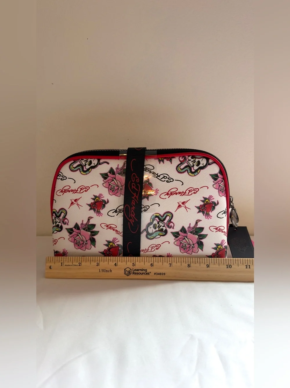 Ed Hardy White & Pink Floral Rhinestone Cosmetic Pouch Set